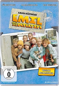 DVD Cover "Emil ud die Detektive" Kinderbande blickt um eine Hausecke