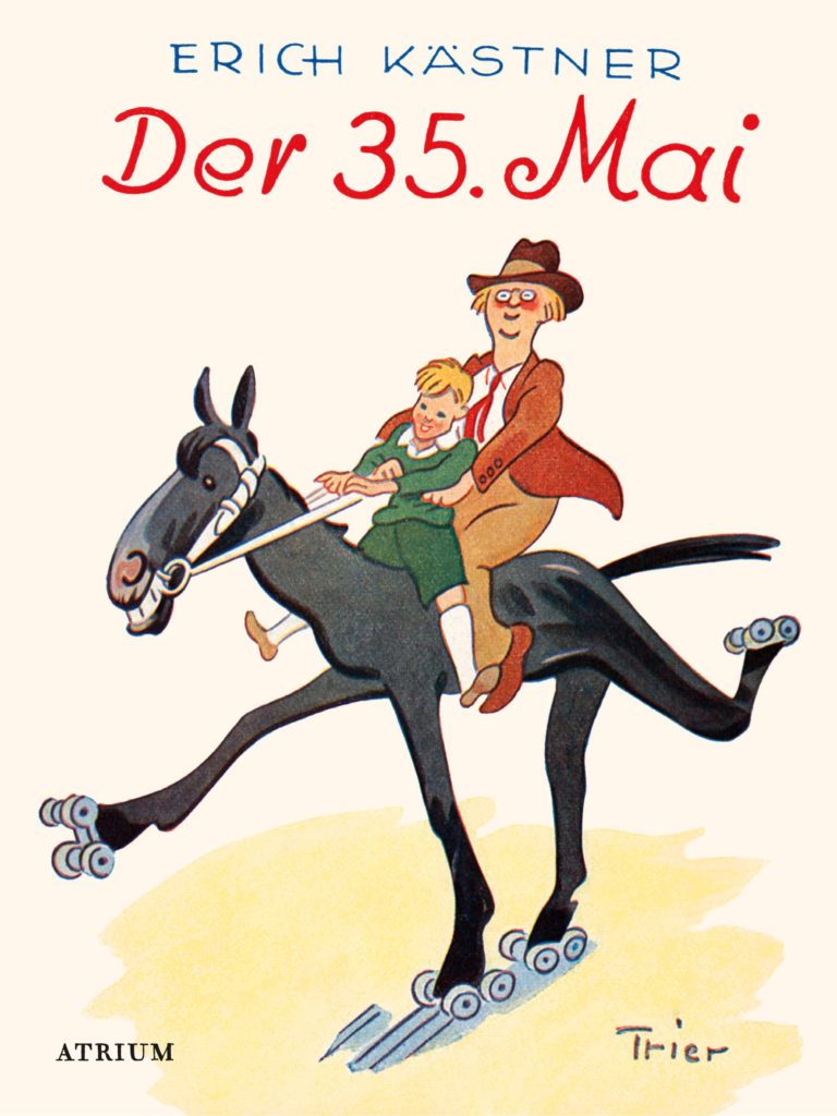 Zeichnung: Ein Mann mit Hut und ein Junge auf einem Pferd mit Rollschuhen sitzend