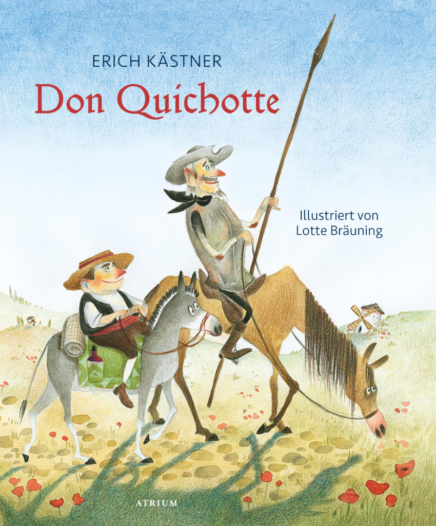 Farbige Zeichnung von Don Quichotte auf seinem Pferd, begleitet von Sancho Pansa