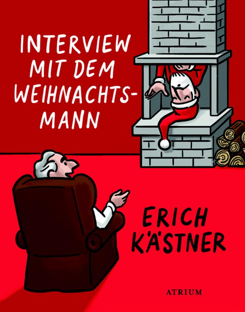 Zeichnung: Ein Mann im Sessel vor dem Kamin, durch den der Weihnachtsmann kommt