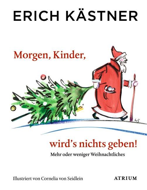 Zeichnung: Der Weihnachtsmann zieht einen Weihnachtsbaum durch den Schnee