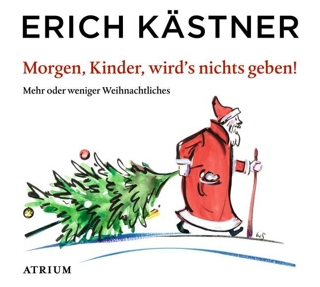 Zeichnung: Der Weihnachtsmann zieht einen Weihnachtsbaum durch den Schnee
