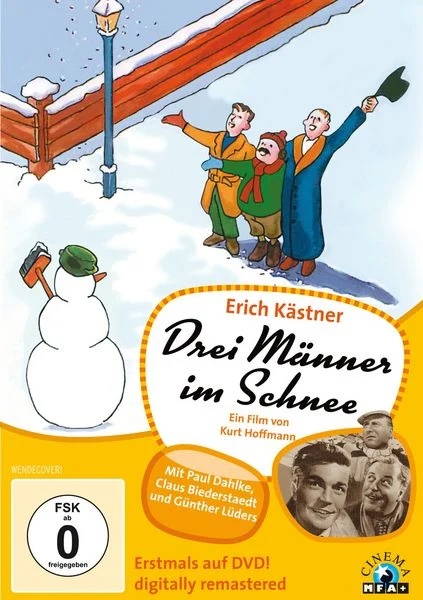 DVD-Cover mit Zeichnung von 3 Männern lachend vor einem Schneemann