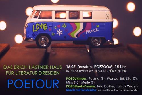 Flyer Poezoom. Ein buntes Spielzeugauto.